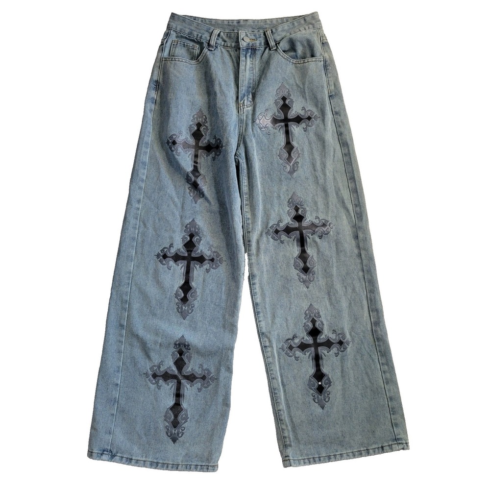 Vintage Baggy Jeans 30x29 Womans Size 8/10 90s Y2k Skater Punk Cargo Cross Print